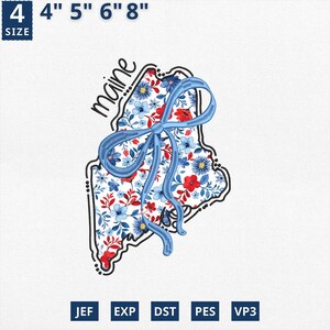 Carte de l'État appliqué le 4 juillet, broderie d'État Coquette florale du Maine applique design, toile florale bleue Maine Design contour