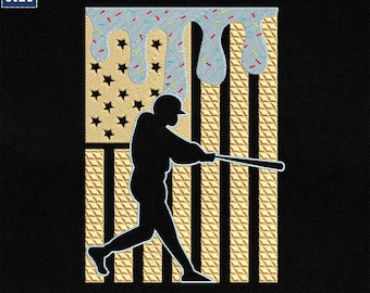 Diseño de bordado de béisbol para niños, bordado de bandera estadounidense de béisbol con helado goteando, archivo de máquina de béisbol para el día del partido, descarga instantánea