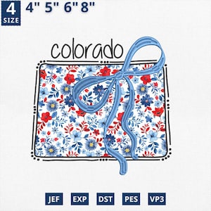 Carte de l'État du 4 juillet appliqué, broderie d'État coquette florale Colorado applique design, toile floral bleu Colorado contour design