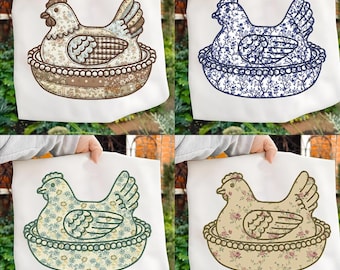 Chinoiserie Huhn Auf Nest Applikation Stickdatei, Applikation Bauernhaus Huhn Stickmuster, Grandma Gänse