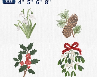 Winter Greens Embroidery Bundle, Vintage Snowdrops, Pinecones, Holly, Mistletoe Embroidery, Holiday Apparel Machine File, Instant Download