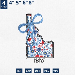 Carte de l'État appliqué le 4 juillet, broderie d'État coquette florale Idaho applique design, motif floral bleu toile Idaho contour