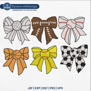 May include: Six different embroidery designs featuring a bow with a sports ball in the center. The sports balls include a volleyball, football, baseball, basketball, softball, and soccer ball. The bows are in various colors, including white, brown, red, orange, yellow, and black.