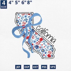 Carte de l'État du 4 juillet appliqué, broderie d'État coquette florale Californie applique design, toile floral bleu Californie contour Design