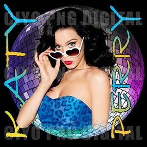 May include: A woman with long black hair wearing heart-shaped sunglasses and a blue and black leopard print strapless top. She is standing in front of a disco ball with colourful graffiti.