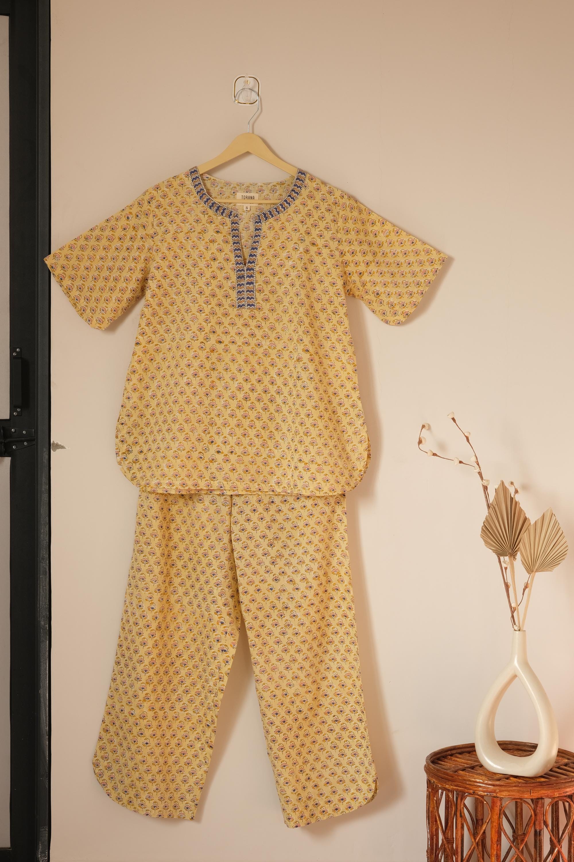 Yellow Floral Cotton Pajama Set | Hand Block Print Loungewear, Artisan ...