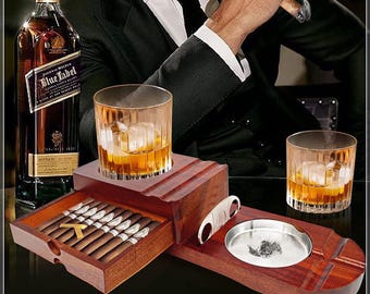 Posacenere per whisky e sigari personalizzato, posacenere per sigari in legno 2 in 1 con porta whisky, ottimo regalo per uomini, regalo di compleanno, regalo per la festa del papà