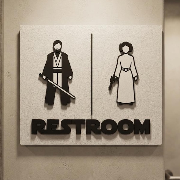Star Wars Restroom Sign, Jedi & Princess Leia Bathroom Door Sign, Funny Toilet Sign, Geek Home Decor, 3D Wall Sign, Sci-Fi Bathroom Decor