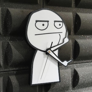 May include: White wall clock shaped like a person giving the middle finger. The clock has black hands and a black outline.