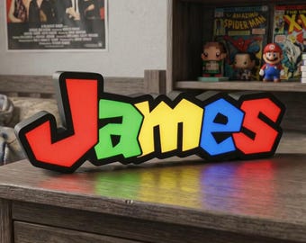 Custom Mario Style Inspired Name Led Illuminated Lightbox Sign - Personalized Mario Style Name Gift Mario Style Theme Night Light