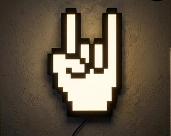 Heavy Metal Hand Mouse Cursor LED RGB Light Sign – Rock n Roll Retro Pixel Pointer Wall Decor – Geeky Gamer Light & Devil Horns Hand Sign