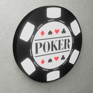 Op de afbeelding: Zwart-witte pokerchip met een wit centrum met het woord "POKER" en speelkaartsymbolen.