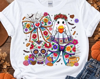 Camiseta de Halloween con estampado de fantasma floral, calavera de azúcar y lazo.