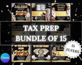 May include: A set of 15 flyers for tax preparation services. The flyers feature a gold and black color scheme with images of money, clocks, and people. The text on the flyers includes "Tax Prep Services", "Get Your Highest Refund", "Tax Prep Season", "File Now Pay Later", and "Bundle of 15 Flyers".