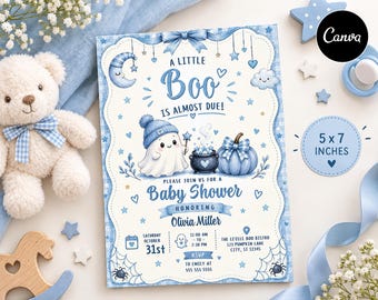 May include: A 5x7 inch baby shower invitation card featuring a blue and white theme with a ghost wearing a beanie, a cauldron, and a pumpkin. The text reads A LITTLE BOO IS ALMOST DUE, PLEASE JOIN US FOR A BABY SHOWER HONORING OLIVIA MILLER, OCTOBER 31ST.