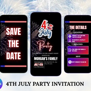 4. Juli Einladung mit Feuerwerk. Digitaler Unabhängigkeitstag Party einladen. Animiertes Grillfest oder Lagerfeuer Feier eVite. DIY bearbeitbare Vorlage