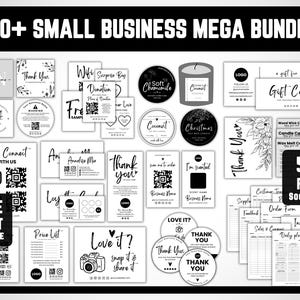 May include: A 130+ small business mega bundle featuring various black and white printable templates, including thank you cards, gift cards, price lists, order forms, invoices, daily planners, and circular candle labels with floral and camera graphics.