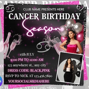 Cancer Season Party Flyer, Birthday Szn Flyer, Cancer Invitation Flyer, Cancer Birthday Event, Social Media Flyer, Premade Flyer Template