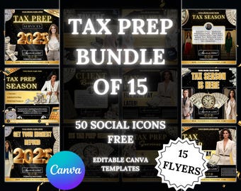 May include: A black and gold digital marketing flyer bundle for tax preparation services. The flyer features a stack of money, a tax form, and the text "Tax Prep Bundle of 15".