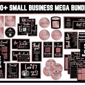 May include: A 150+ small business mega bundle featuring various black and rose gold printed templates, including thank you cards, gift cards, price lists, order forms, invoices, daily planners, and circular stickers with floral and camera icons.