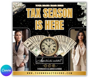 May include: A promotional graphic with the text "TAX SEASON IS HERE" in gold against a black background. The image includes two women in business suits, a pocket watch, and stacks of money. The words "Appointments available!" are also visible.