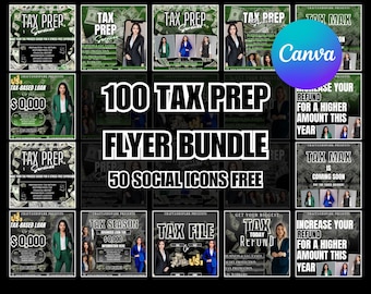 Puede incluir: Un collage de 100 folletos de preparación de impuestos con un esquema de color verde y negro. Los folletos presentan imágenes de personas y texto que dice "Tax Prep", "Tax Max", "Tax Season", y "Tax File". El texto "100 Tax Prep Flyer Bundle 50 Social Icons Free" está en letras grandes y negritas en el centro de la imagen.