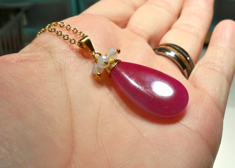 Purple Chalcedony Briolette Pendant with Faceted Opalite Crystal Rondelle Accents in Gold