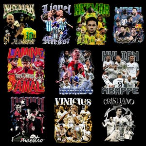 May include: A collection of nine graphic t-shirt designs featuring soccer players. Each design showcases a different player, including Neymar, Lionel Messi, and Cristiano Ronaldo, with their names prominently displayed in stylized fonts. The shirts have a vintage, distressed aesthetic.