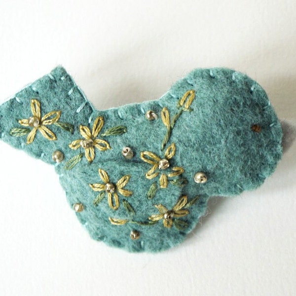 Handmade Felt Bird Brooch or Pin In Green with Gold and Green Floral Embroidered and Beaded Embellishments