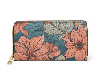 Floral Zipper Wallet: PU Leather Clutch with Gold Stitching