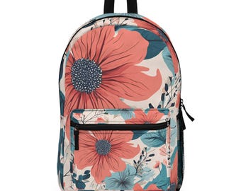 Floral Print Backpack: Polyester School Bookbag Travel Rucksack