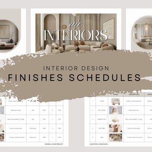 May include: An interior design presentation with the text "Finishes & Fixtures" and "Interiors". The image includes a schedule with product photos and details. The color palette is neutral, with beige and white tones.