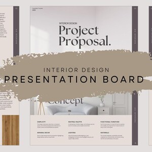 Puede incluir: Un tablero de presentación de diseño de interiores titulado "Project Proposal". Presenta varios elementos de diseño, incluyendo un mood board, selecciones de materiales e ideas de concepto. La paleta de colores es neutra, con tonos beige y blanco.