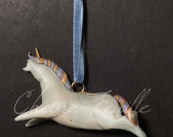 Flying Pony: The Chubby Unicorn Polymer Clay Figurines, Sculptures. Tree Ornament. White, Blue, Gold