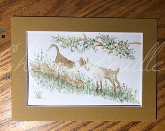Dairy Goat Art: The Kid and the Tabby Cat. Original 4"x6" Ink Drawing on Paper. Alpine Kid, Kitten. Brown, Green, Blue, Yellow