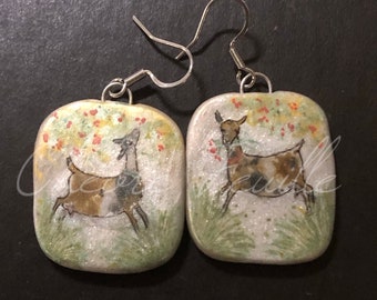 Dairy Goat Jewelry: Little Doe and the Pink flowers. Original Ink Drawing on Polymer Clay Earrings. Green Pink Sepia Gold Grey White 5380