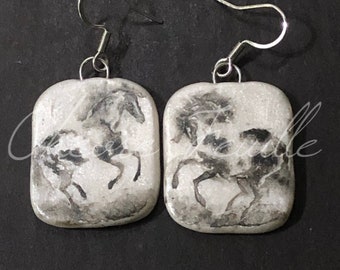 Horse Jewelry: Wild Paint Ponies in Silver Grey Ink Drawings on White Polymer Clay Earrings. Black White 5350