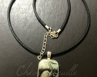 Bird Jewelry: Egret in the Pond with Lilies. Original Black Ink Drawing on Polymer Clay Pendant Silver Bezel. Black, Pale Blue, White 5399
