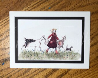 Dairy Goat Art: Milk Time with Plaid Coat. A Print of my Original Ink Drawing on Paper. 4"x6" in Mat 5"x7" Alpine Does, Girl, Cat, Red Green