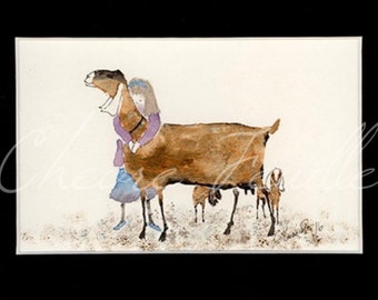 Op de afbeelding: Een aquarel schilderij van een meisje dat een bruine geit omhelst. De geit heeft twee kleinere geiten achter zich. Het meisje draagt een paars shirt en een blauwe rok.