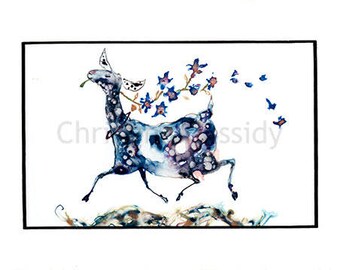 Dairy Goat Art: A Well Spotted and Happy Nubian Doe with Flowers. PRINT of My Original Ink Drawing 4"x6" in 5"x 7" Mat