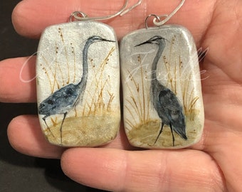 Bird Jewelry: Great Blue Herons in the Reeds. Original Ink Drawings on Polymer Clay Earrings Silver Wires. Blue, Grey, Gold, Black 5412