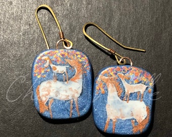 Horse Jewelry: The Roan Horses and Little Goats. Earrings. Original Ink Drawings on Polymer Clay. Copper, Denim Blue, Gold White 5347