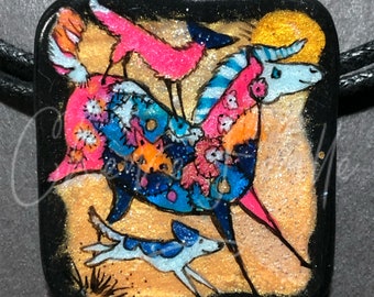 Horse Jewelry: The Patchwork Pony and Friends. Pendant. Original India Ink Drawing on Polymer Clay. Fox, Hound. Gold Blue Pink Black 5313