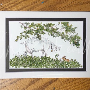 Dairy Goat Art: In the Shady Clover Patch. PRINT of my Original Ink Drawing. 4"x6" Matted to 5"x7" Rabbit, Saanen. Green, White, Pink Brown