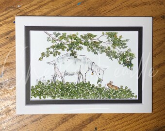 Dairy Goat Art: In the Shady Clover Patch. PRINT of my Original Ink Drawing. 4"x6" Matted to 5"x7" Rabbit, Saanen. Green, White, Pink Brown