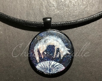 Wildlife Jewelry: Grey Fox Hunting in the Moonlight. Original Ink Drawing on Polymer Clay Round Bezel Pendant. White Copper Black 5368