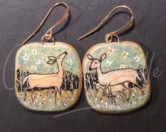 Wildlife Jewelry: Deer and Fawn in the Magnolias Ink Drawings on Polymer Clay Earrings with Gold Wires. Green, Black, Gold, White 5329
