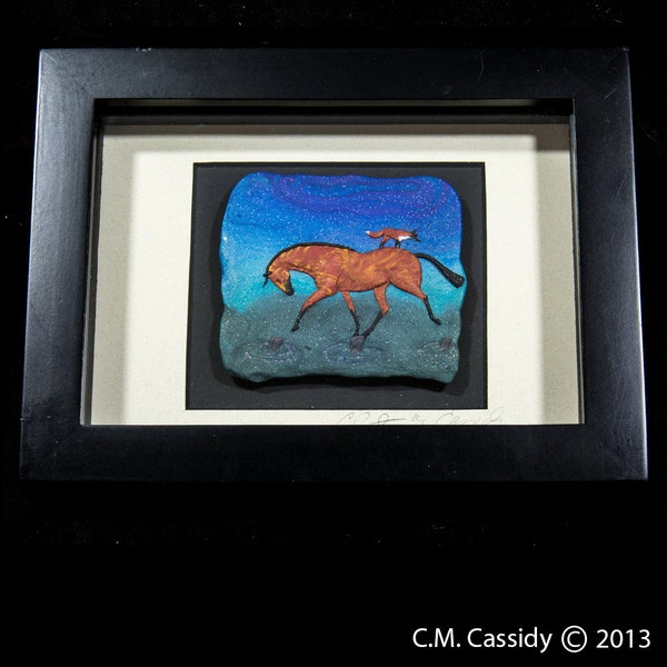 Horse Art: Crossing the Creek. Horse and Fox Shadow Box  Framed and Matted Bas-Relief Sculpture in Polymer Clay . 3235