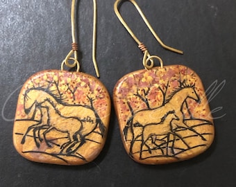 Horse Jewelry: Gold Mares and Foals in the Trees Original Ink Drawings on Polymer Clay Earrings with Brass Wires Black Copper Gold 5270